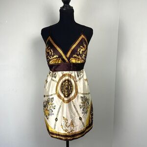 MKM Designs Brown Gold Baroque Scarf Print Top M Empire Waist Babydoll Glam Y2k